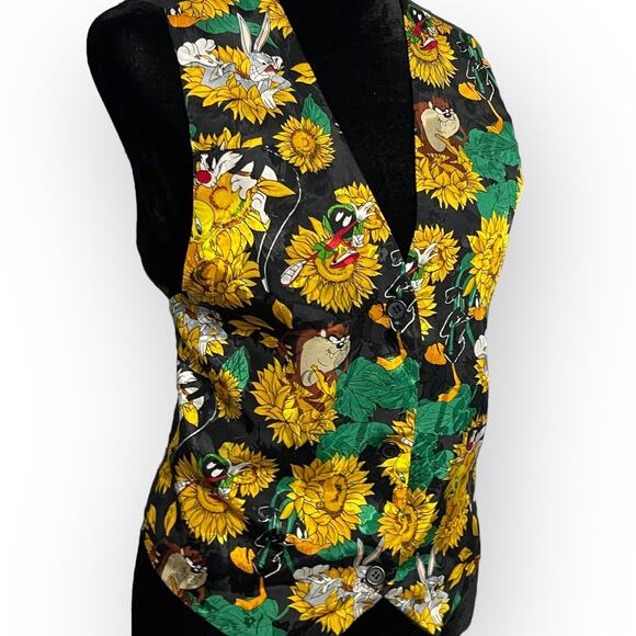 Looney Tunes 90s Vest Womens M Black Sunflower Satin VTG Tweety Taz Bugs Bunny - Picture 2 of 15